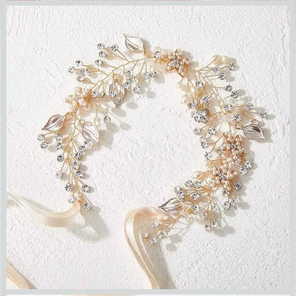 SWEETV Handmade Gold Flower Girl Headband – Pearl & Crystal Halo – NWT - Picture 14 of 14